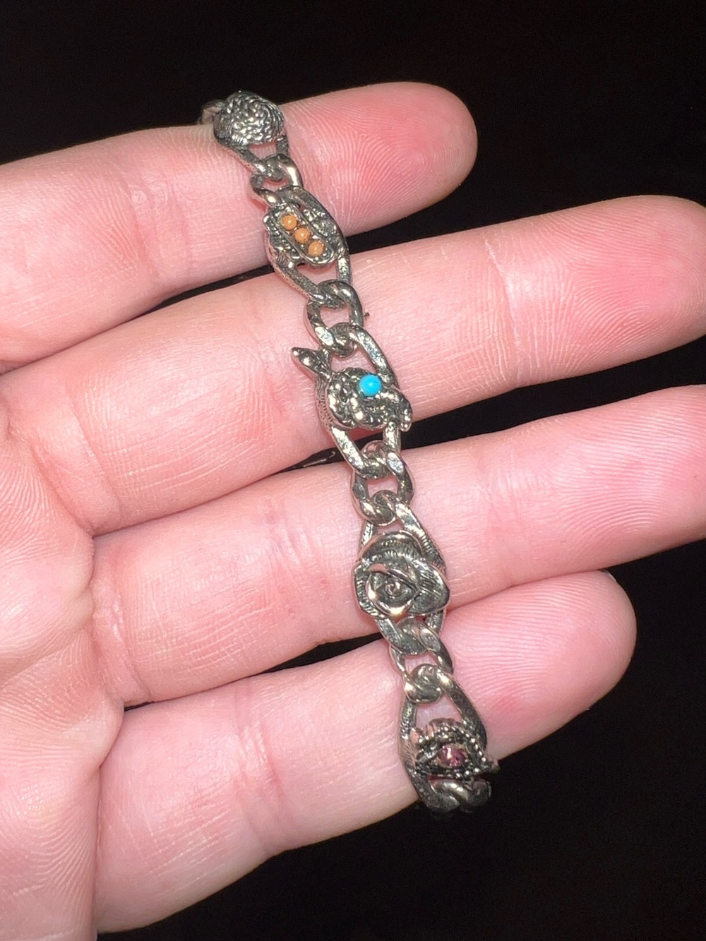 Vintage Goldette Silver Tone Victorian Multi-Stone Colorful Charm Link Bracelet - Picture 3 of 12